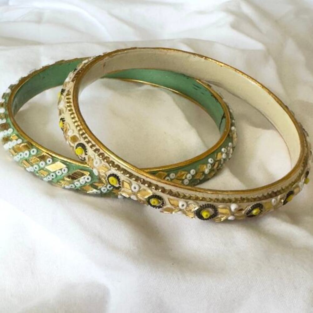 Set of 2 Vintage Mod 1960s Green, Gold, Cream Bangle Bracelet Bead Inlay India